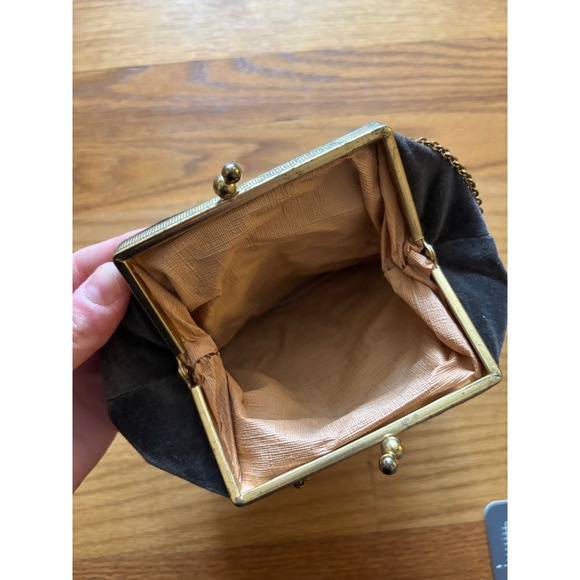 Vintage Black Velvet Evening Bag Gold Chain Kiss Lock Clutch Formal Handbag - Picture 2 of 4